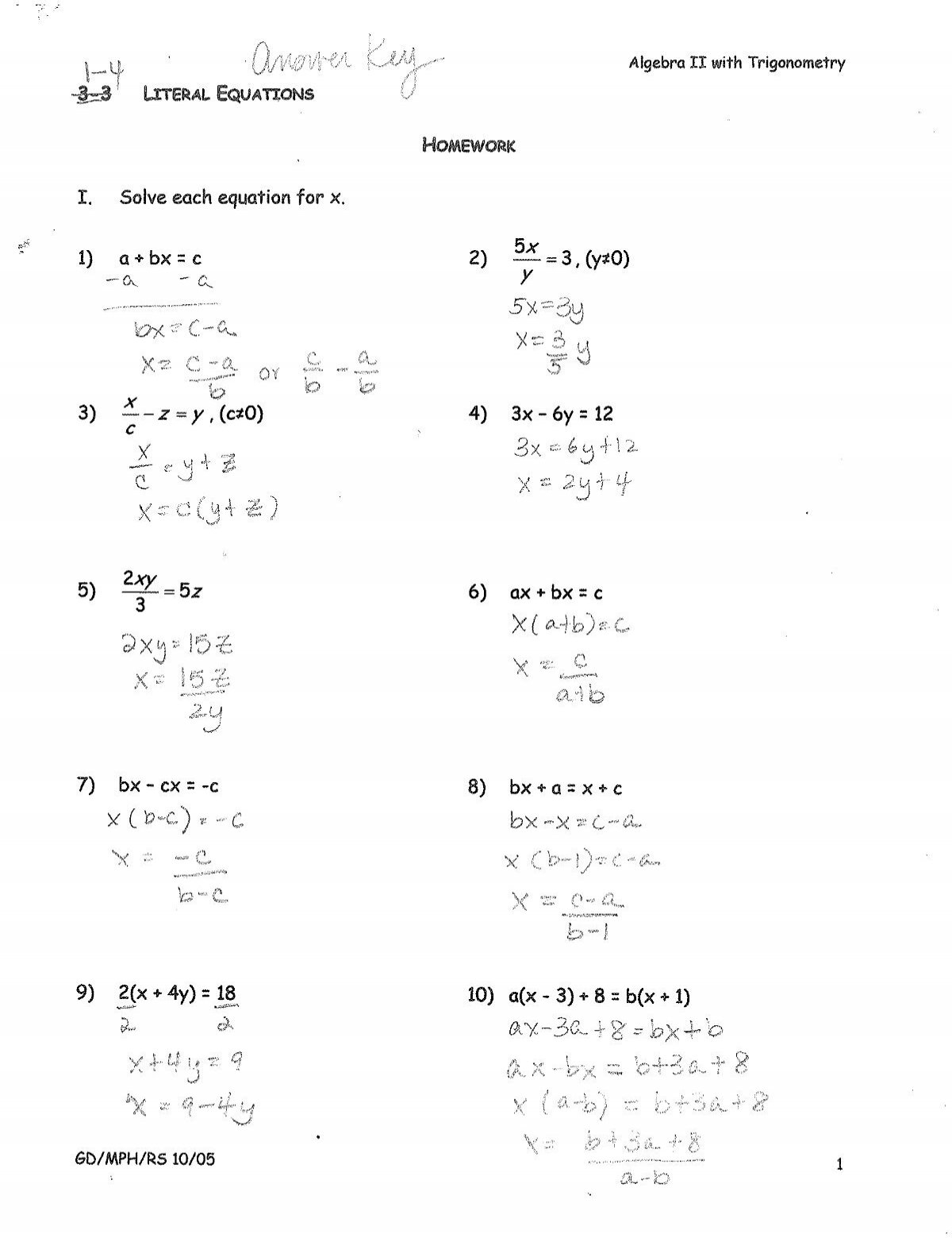 1 4 Literal Equations HW Answers