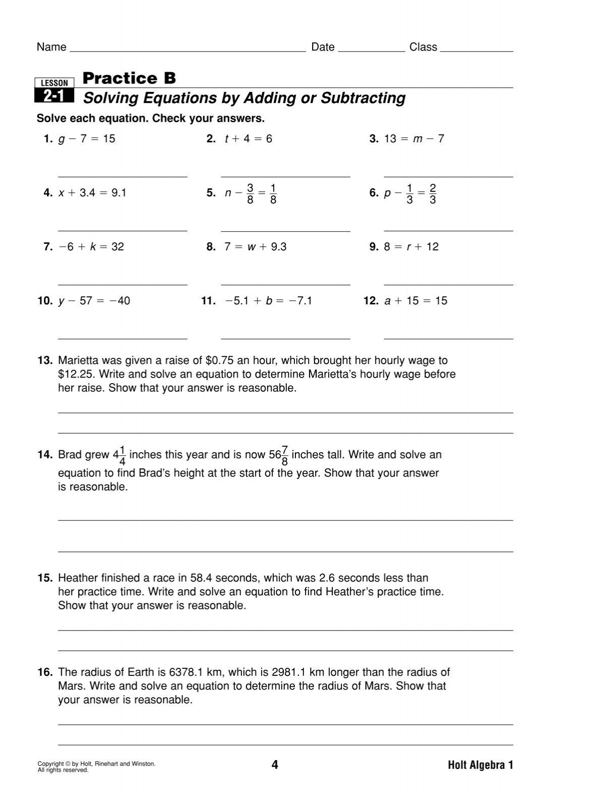 1 4 Practice Solving Equations Answer Key Tessshebaylo