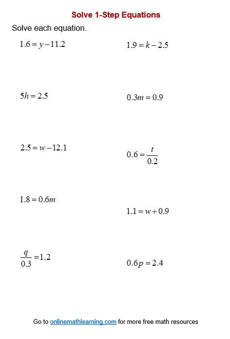 1 Step Algebra Equations Worksheet Pdf Fill Online Printable 