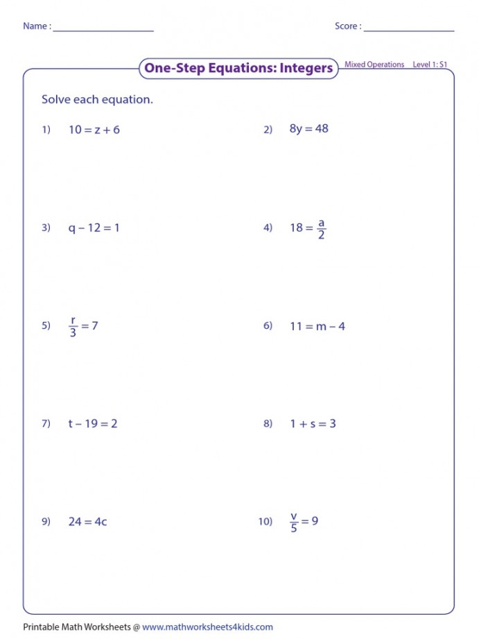 1 Step Equations Worksheet Pdf Printable PDF Template