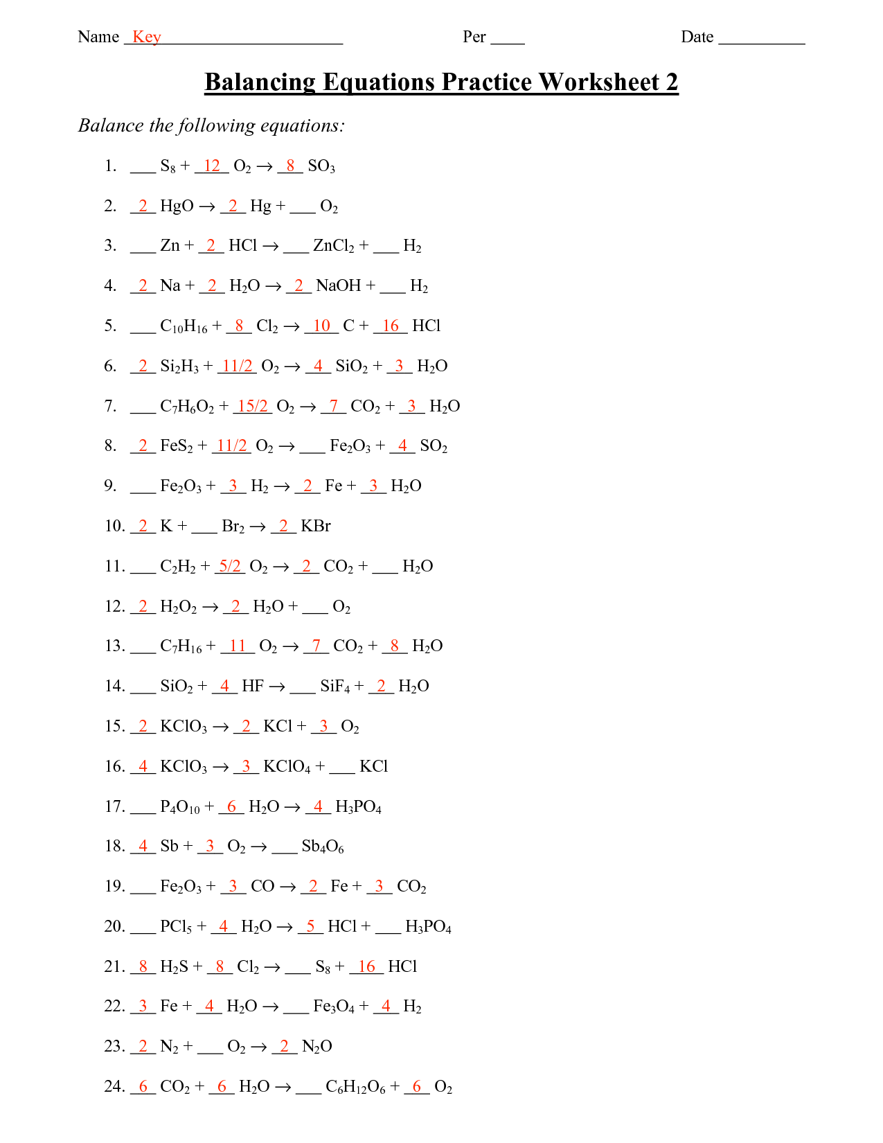10 Balancing Equations Practice Worksheet Answer Key Worksheets Decoomo