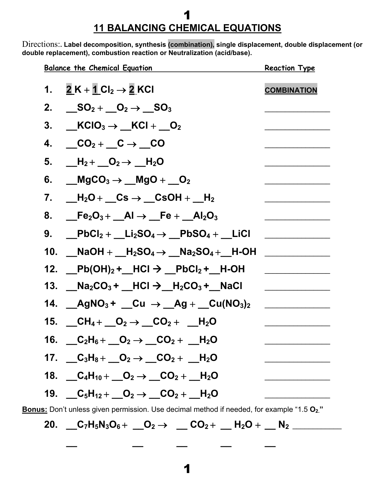10 Types Of Chemical Reactions Worksheet Answer Key Equations Worksheets