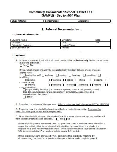 11 School 504 Plan Templates In PDF DOC