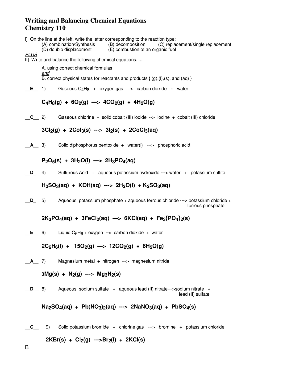 110 WS Writing And Balancing Chemical Equations Key B Writing 