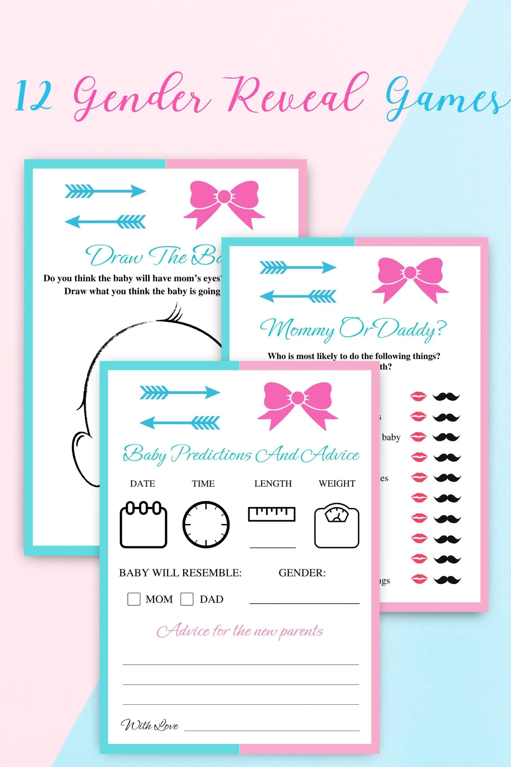 12 Printable Bows Or Arrows Gender Reveal Games Pink And Blue Gender 