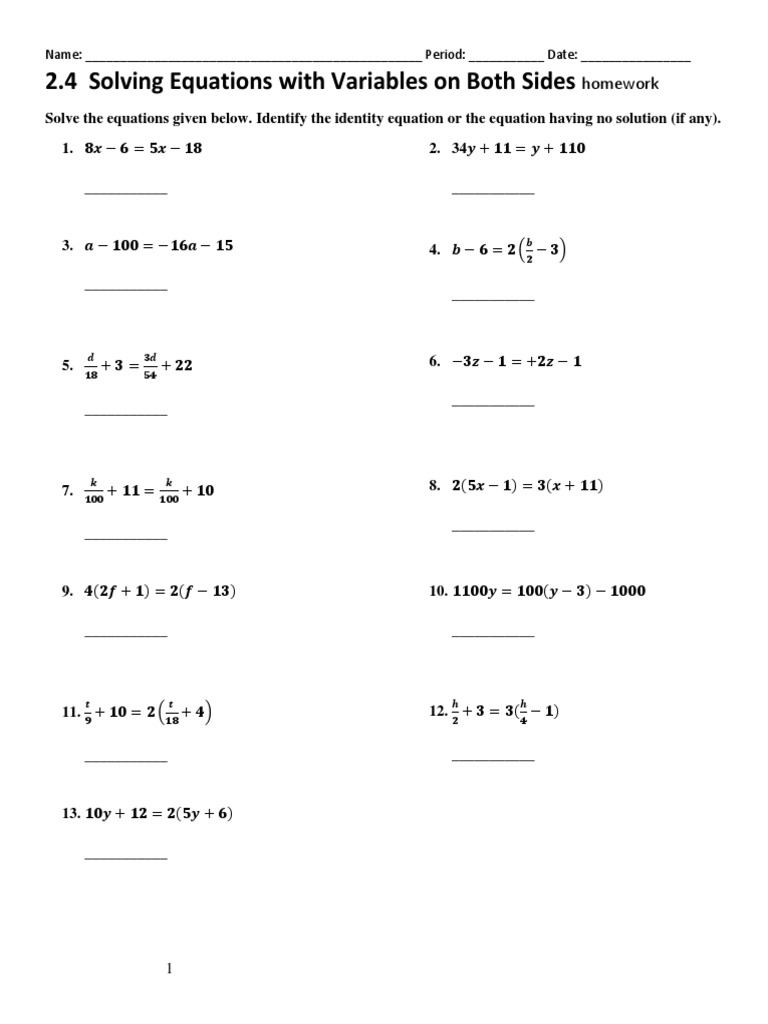 worksheets on equations with variables on both sides