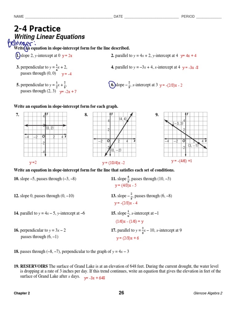 2 4 Writing Linear Equations Practice PDF Algebra Teaching 