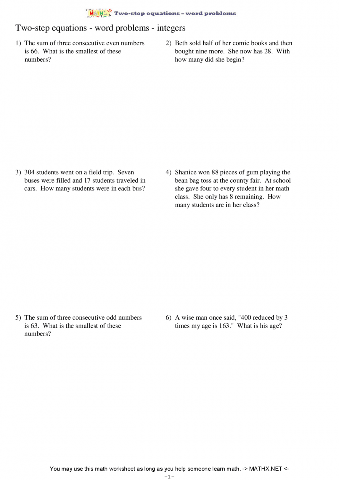 2 Step Equations Word Problems Worksheet Printable PDF Template