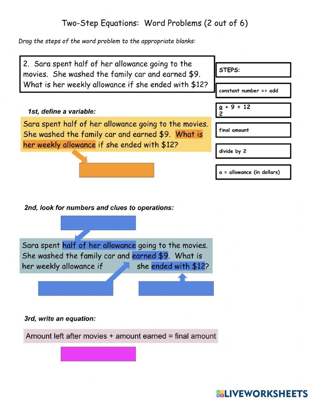 2 step Word Problem Write Equations Worksheet Live Worksheets 