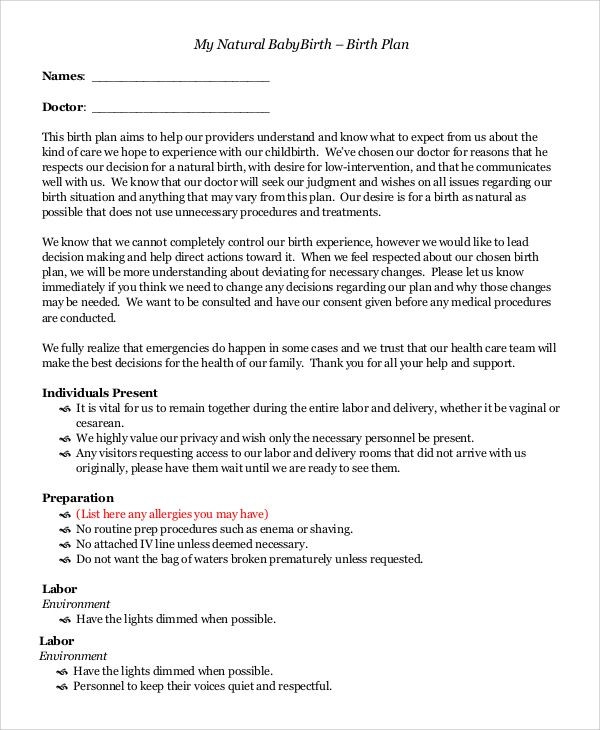 cesarean birth plan template