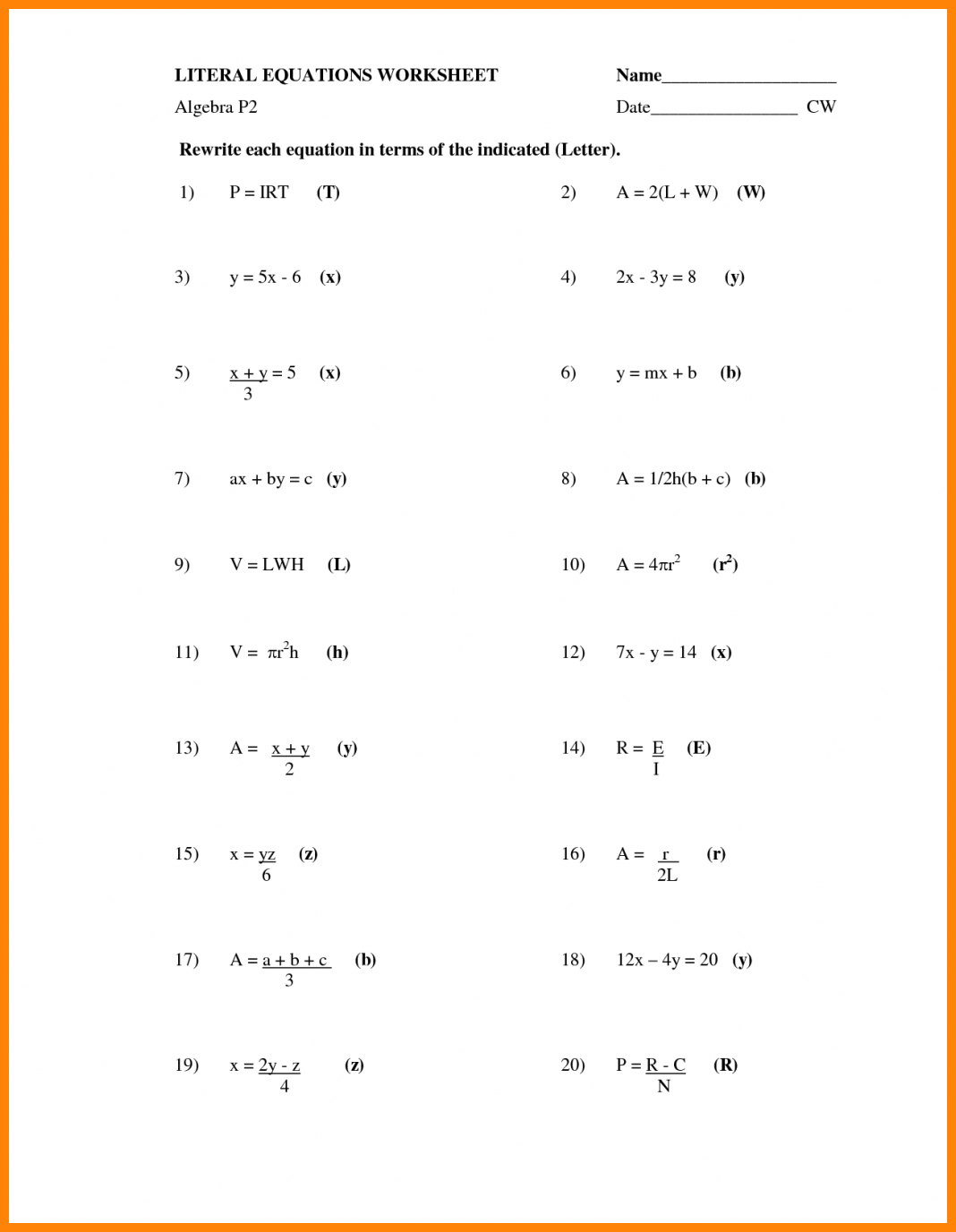 algebra 1 equations worksheets