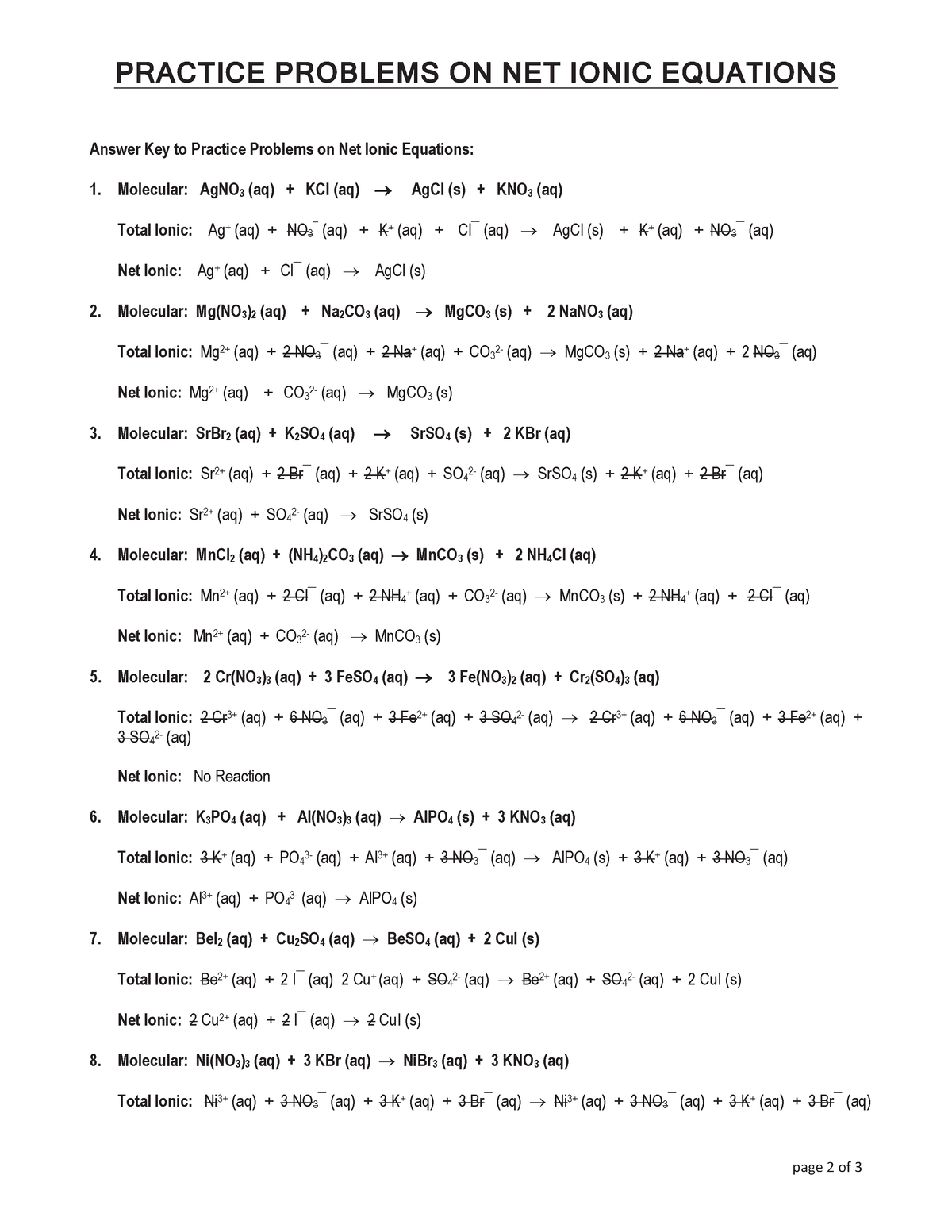 4 2 2 Worksheet Total And Net Ionic Equations Answers