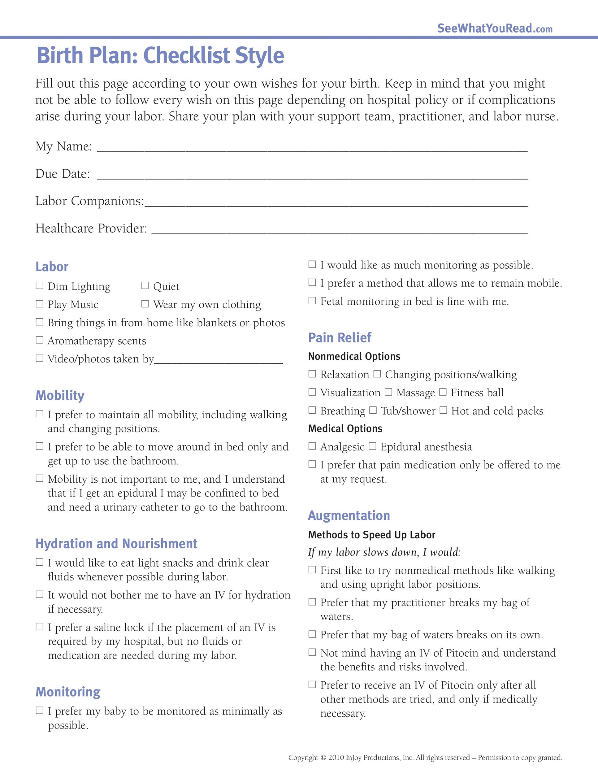47 Printable Birth Plan Templates Birth Plan Checklist TemplateLab