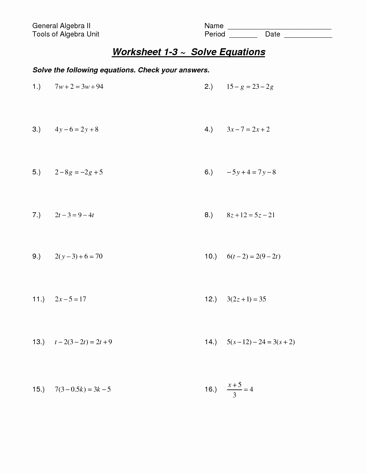 2 step algebra equations worksheet