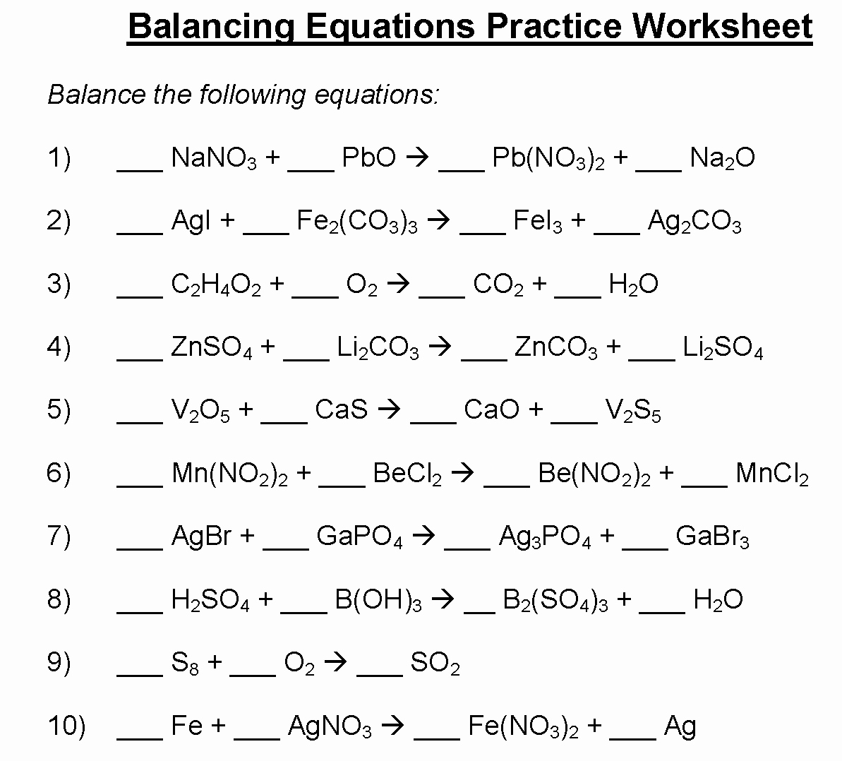 balancing chemical equations practice worksheet