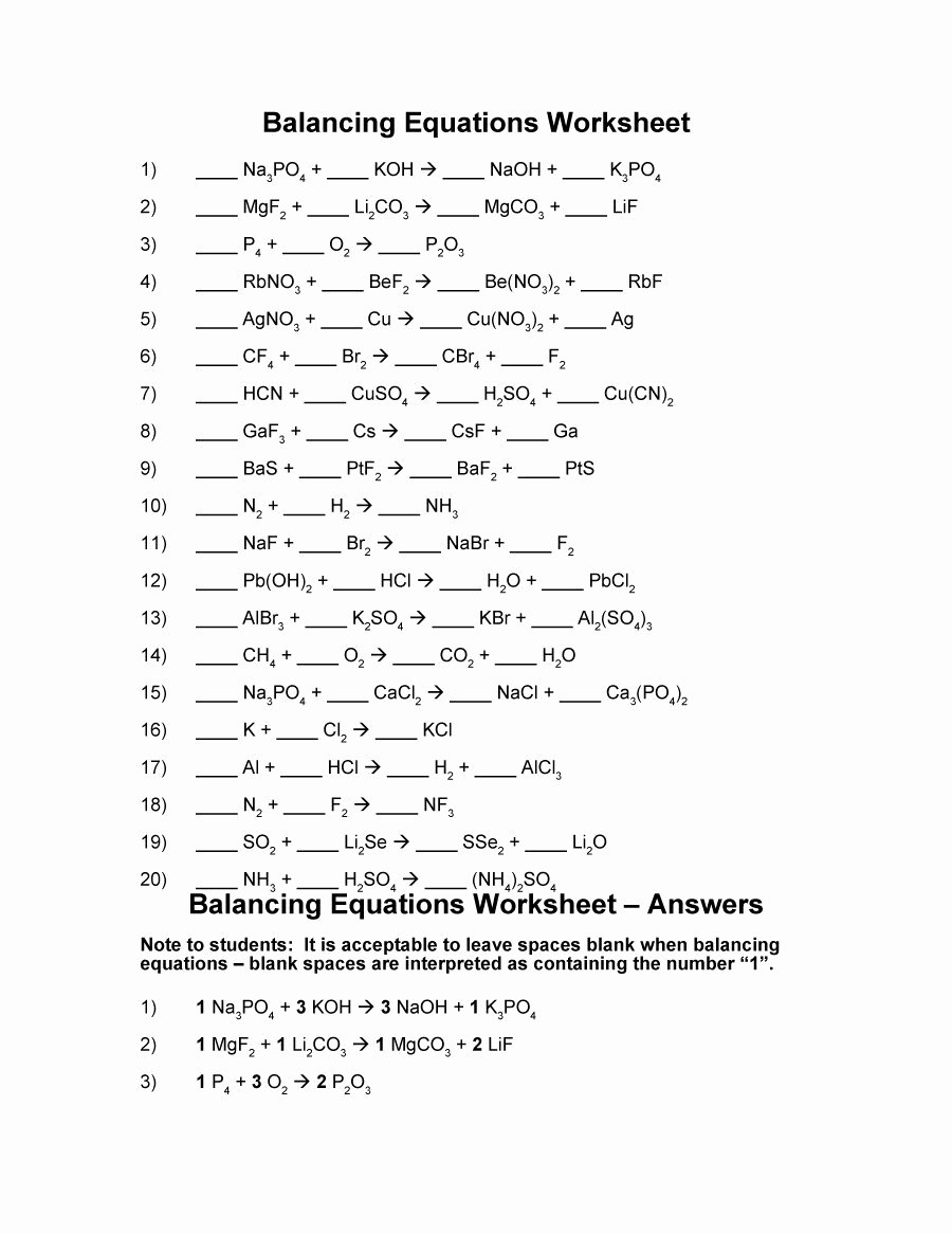 balancing chemical equations worksheet and answers