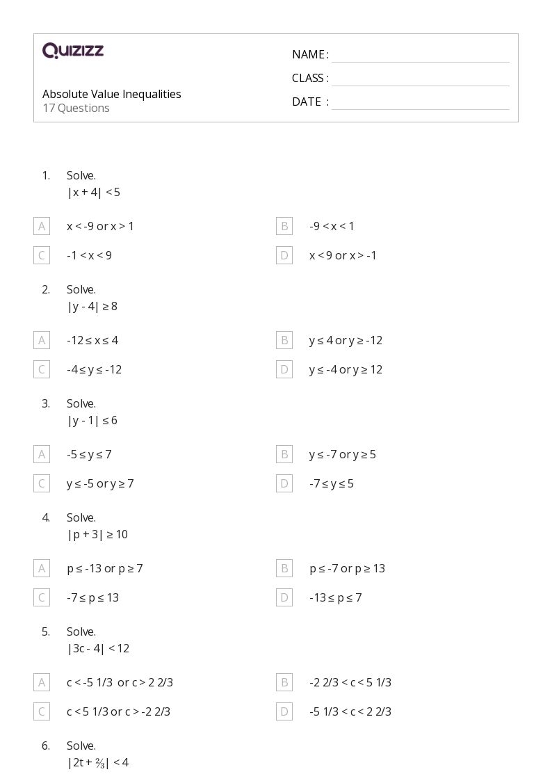 50 Absolute Value Equations Functions And Inequalities Worksheets 
