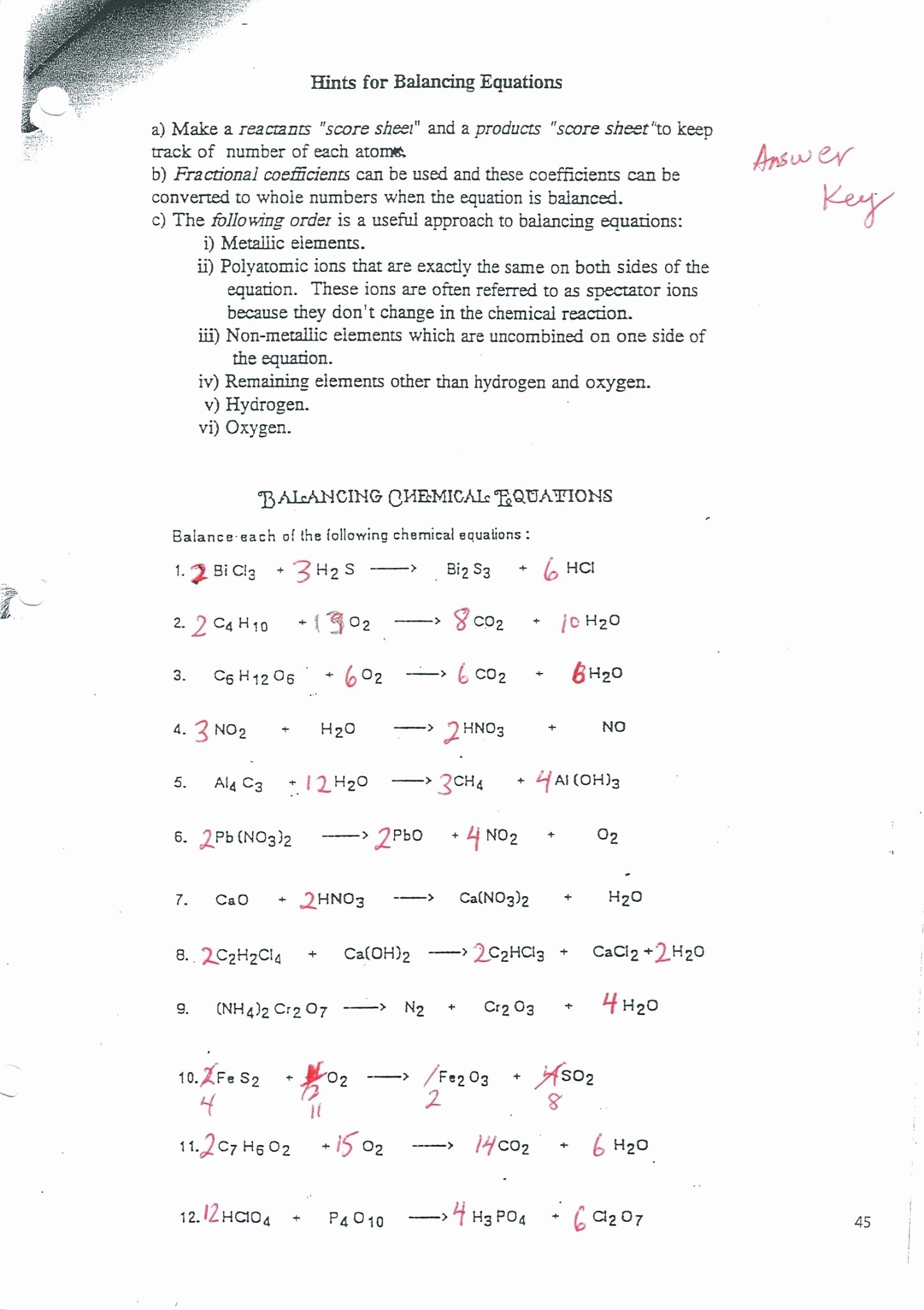 balance chemical equations worksheet answer key