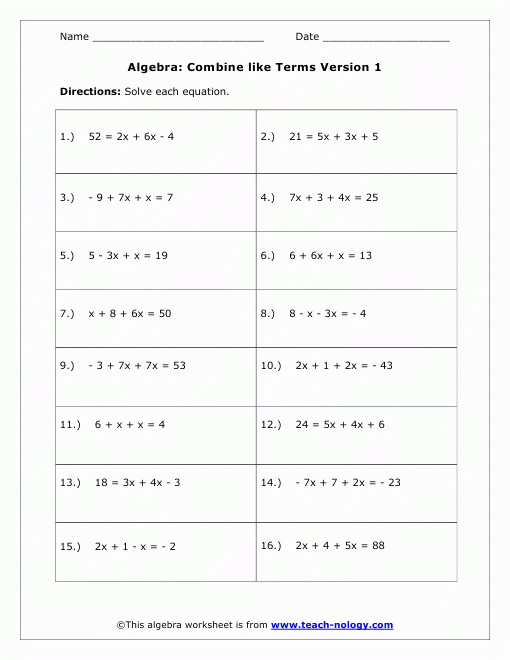 50 Combining Like Terms Equations Worksheet