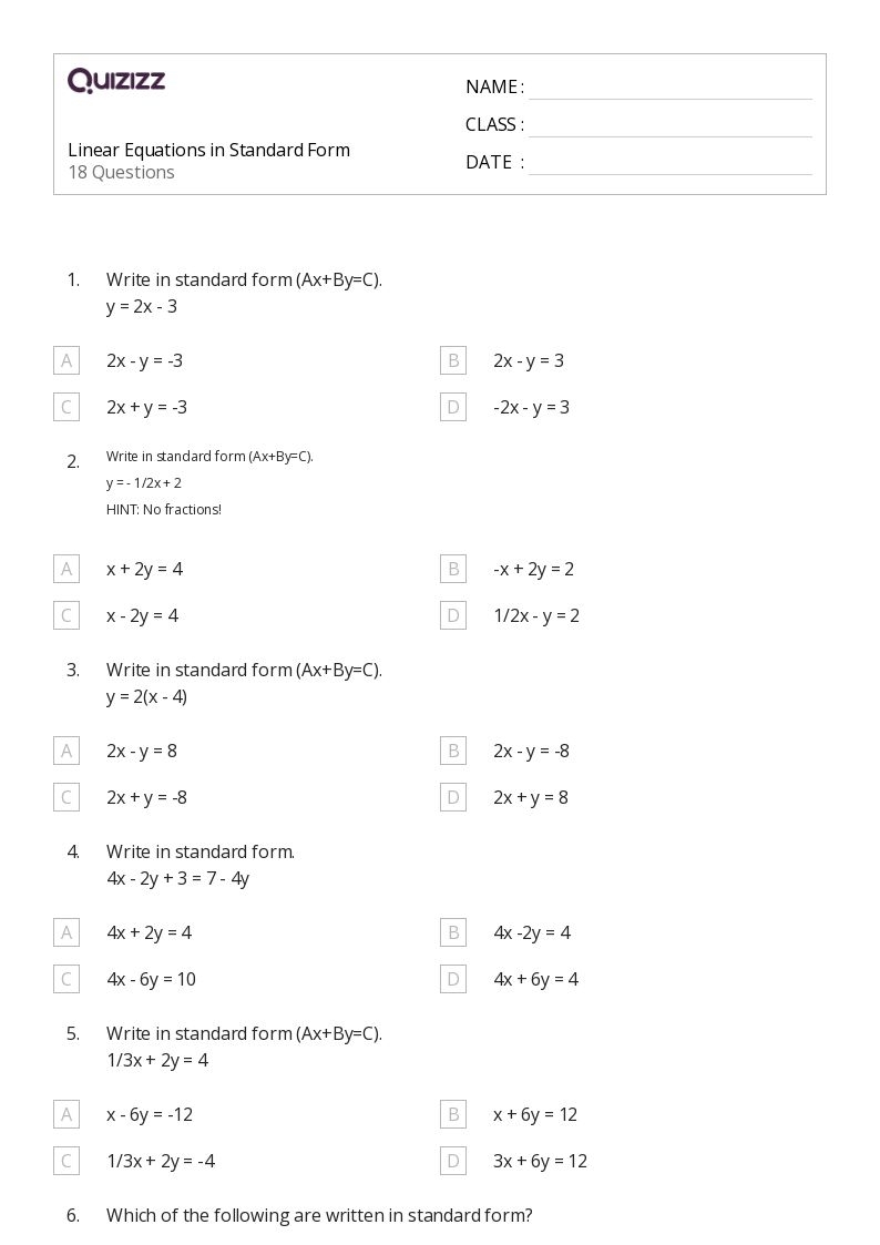 standard form of linear equation worksheet
