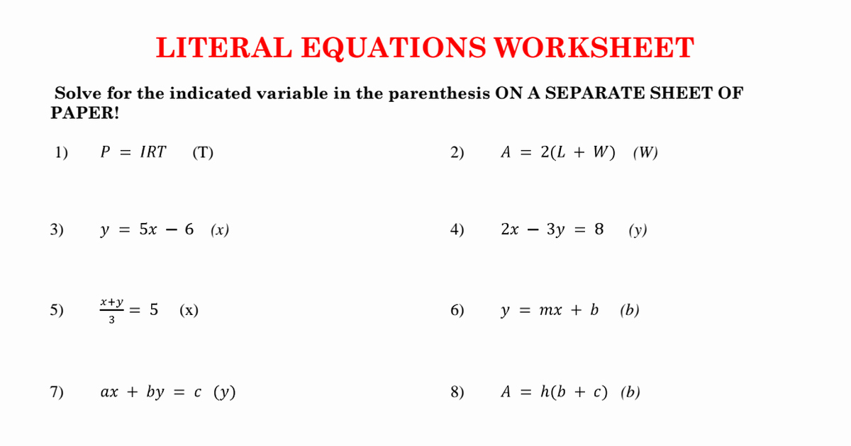 50 Literal Equations Worksheet Answer Chessmuseum Template Library