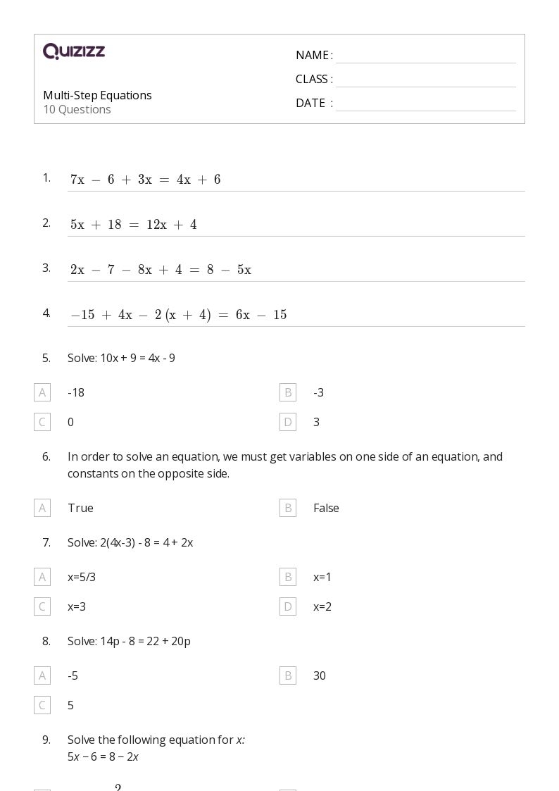 50 Multi Step Equations Worksheets For 7th Grade On Quizizz 