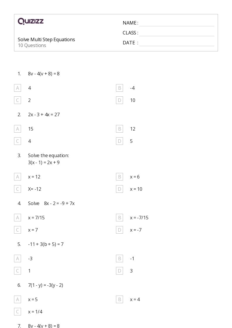 50 Multi Step Equations Worksheets For 8th Class On Quizizz 