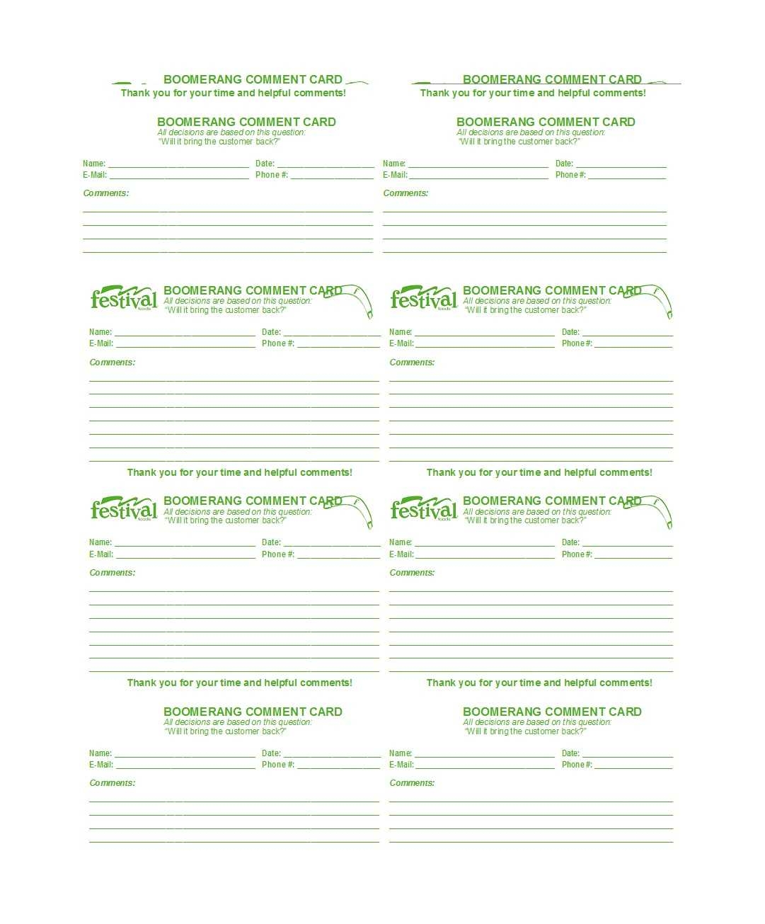 50 Printable Comment Card Feedback Form Templates Inside Restaurant 