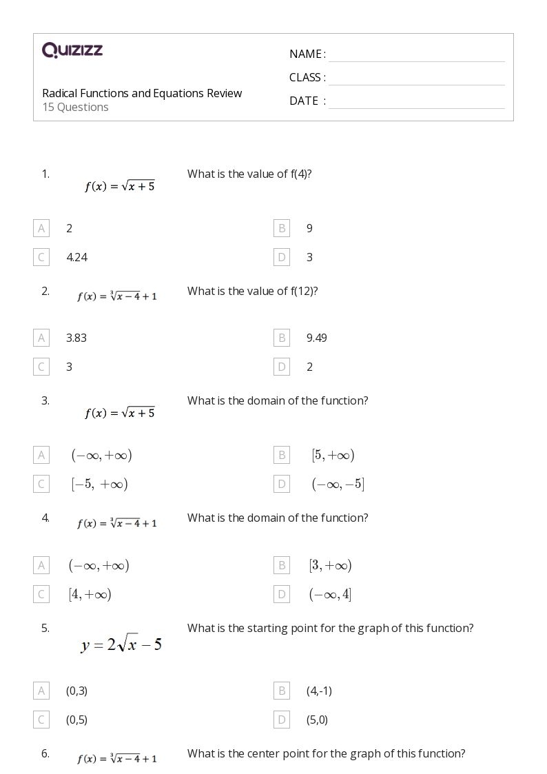 50 Radical Equations And Functions Worksheets On Quizizz Free 