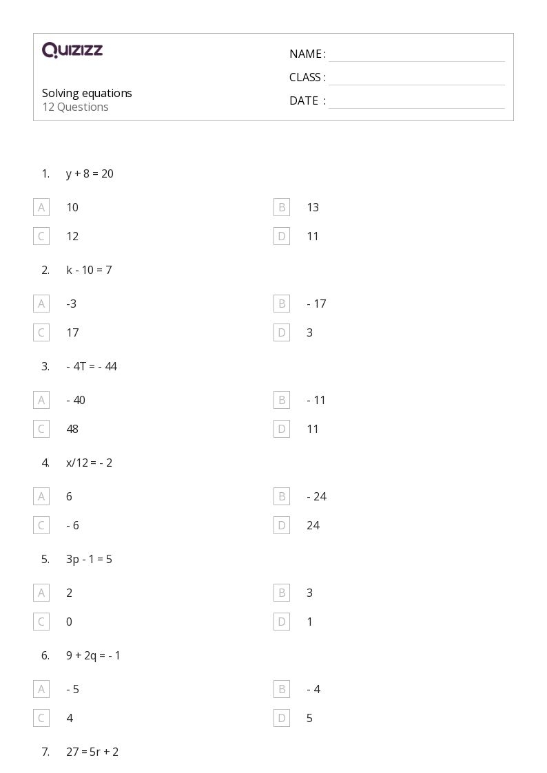 50 Solving Equations Worksheets For 7th Year On Quizizz Free 