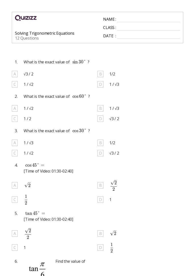 50 Trigonometric Equations Worksheets For 9th Class On Quizizz 