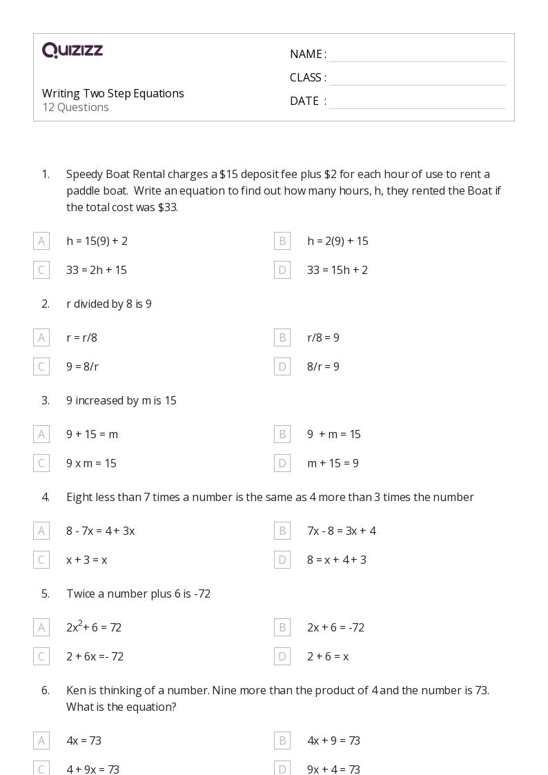 50 Two Step Equations Worksheets For 7th Grade On Quizizz Free 