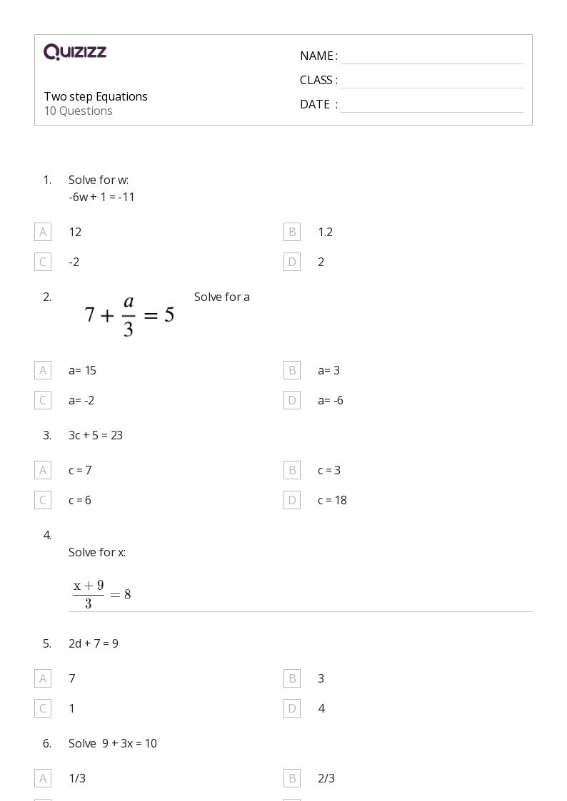 50 Two Step Equations Worksheets For 7th Grade On Quizizz Free 