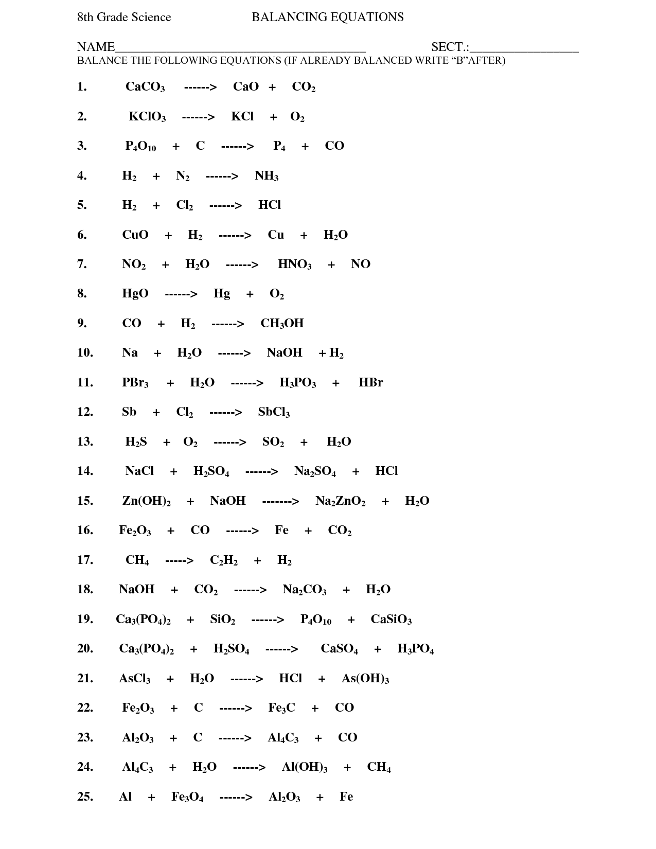 6 Best Images Of Balancing Chemical Equations Worksheet Easy Balancing