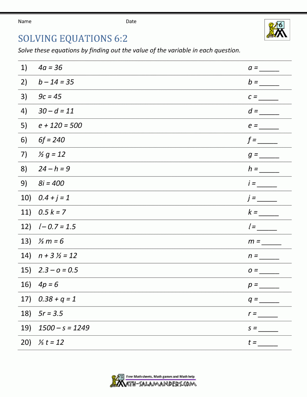 algebra and equations worksheets