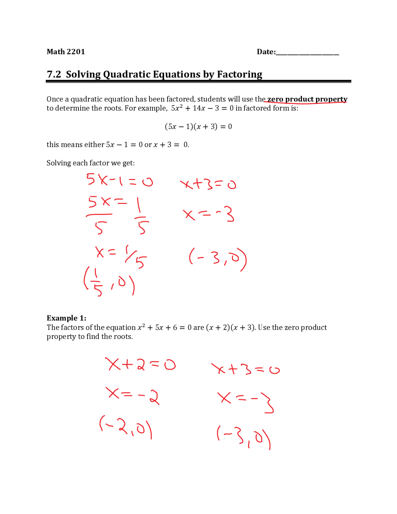 7 2 Solving Quadratic Equations By Factoring Exams Linear 