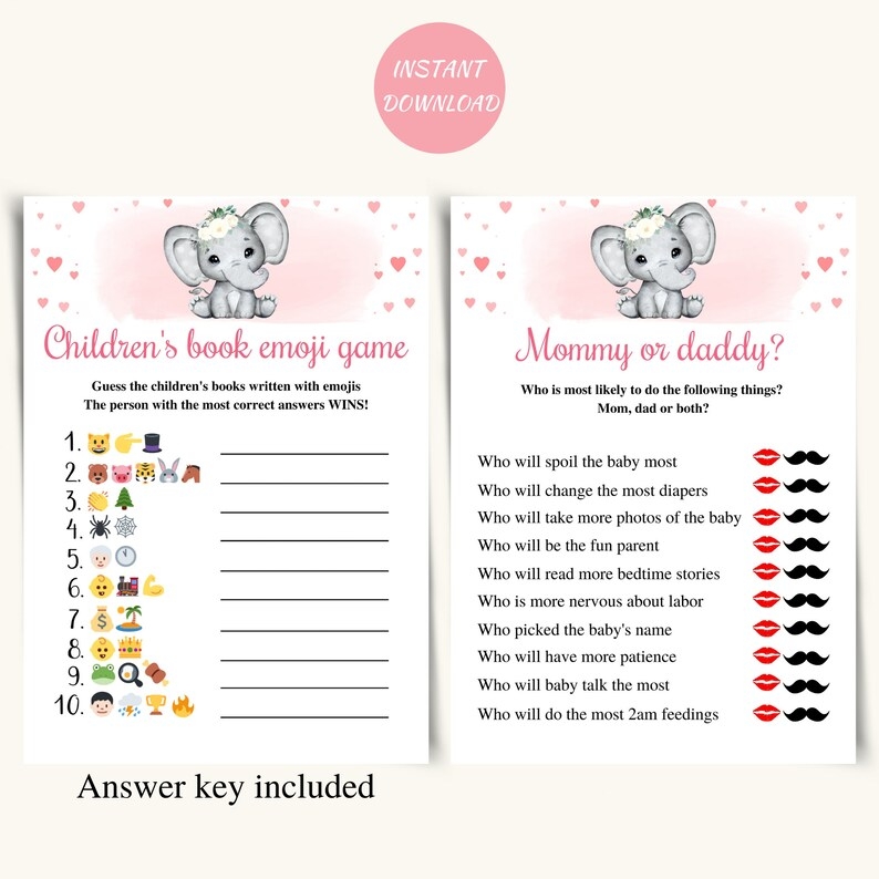 free printable elephant baby shower games