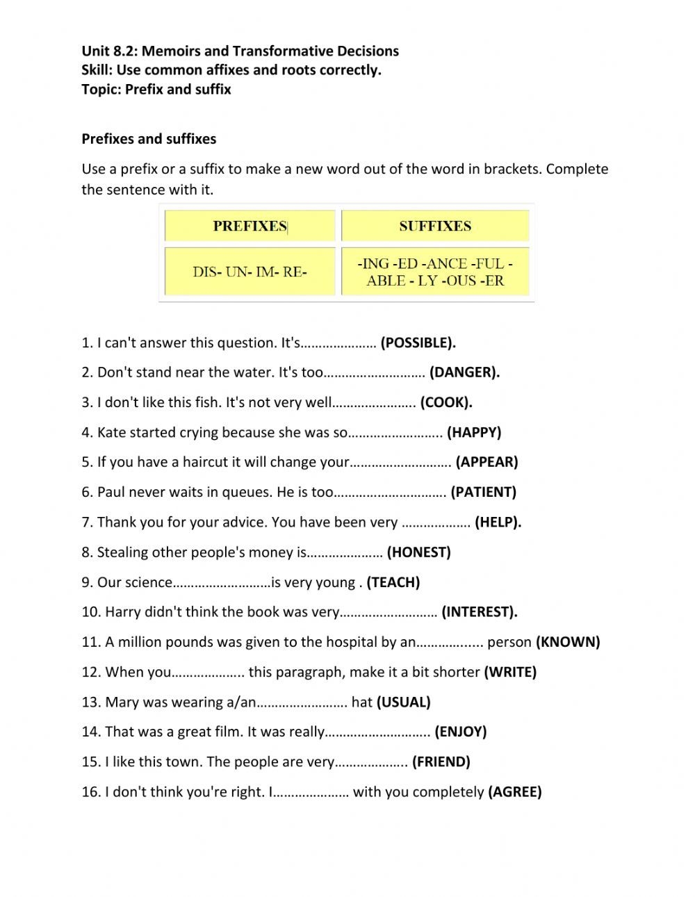 prefix activities 8th grade level printable
