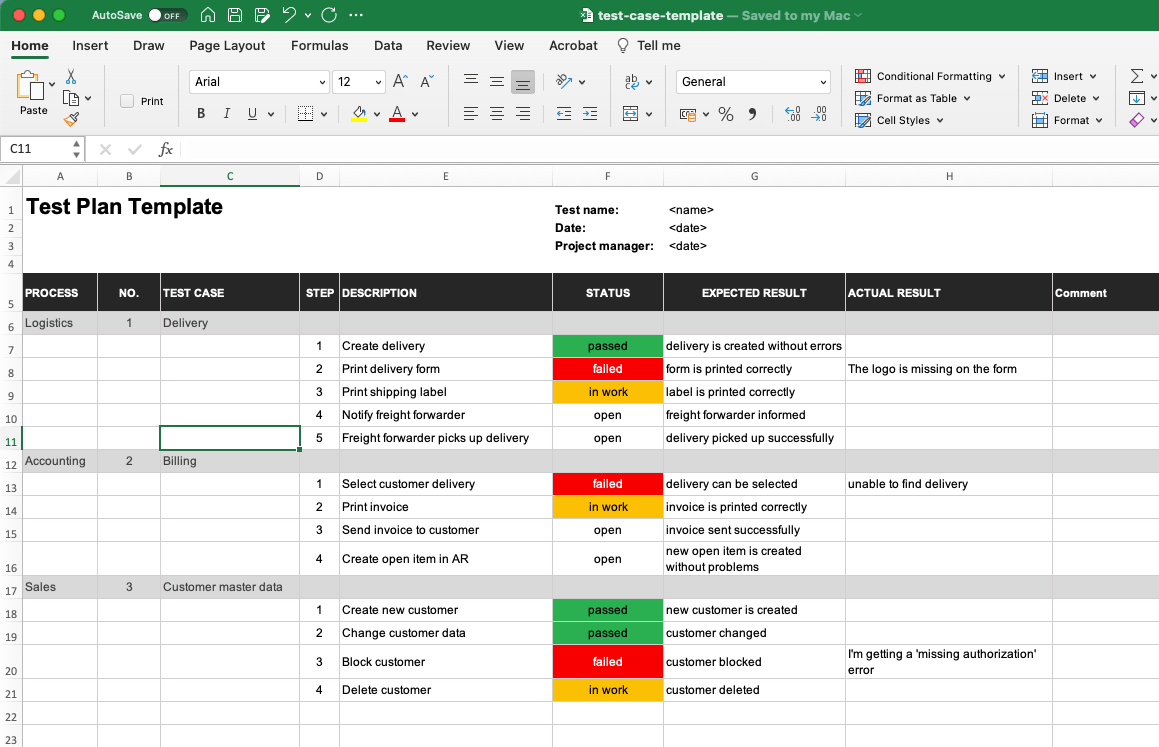excel software test plan template