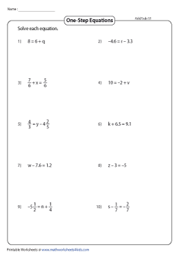 Adding And Subtracting One Step Equations With Fractions Worksheet 