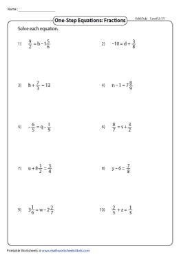 Adding And Subtracting One Step Equations With Fractions Worksheet 
