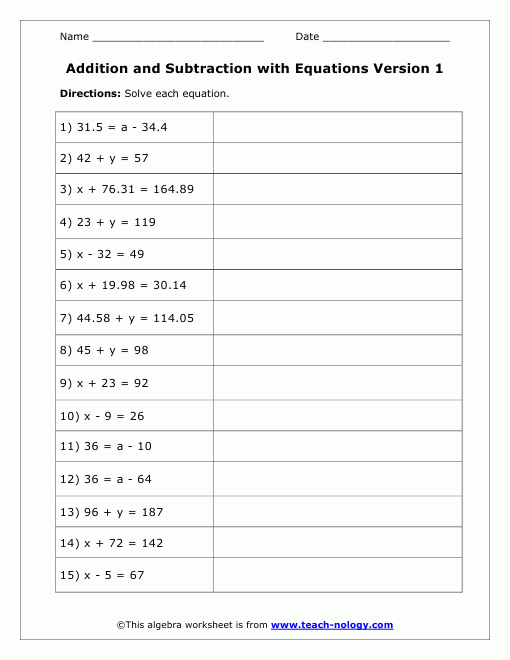 Addition And Subtraction Equations Worksheets 6th Grade Equations 