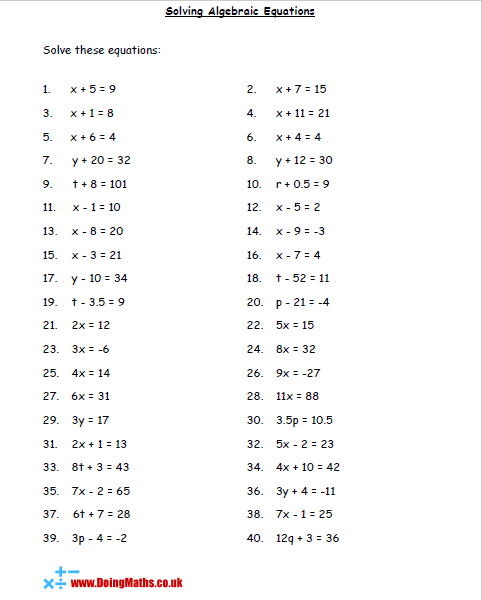 Algebra 1 Equations Worksheets