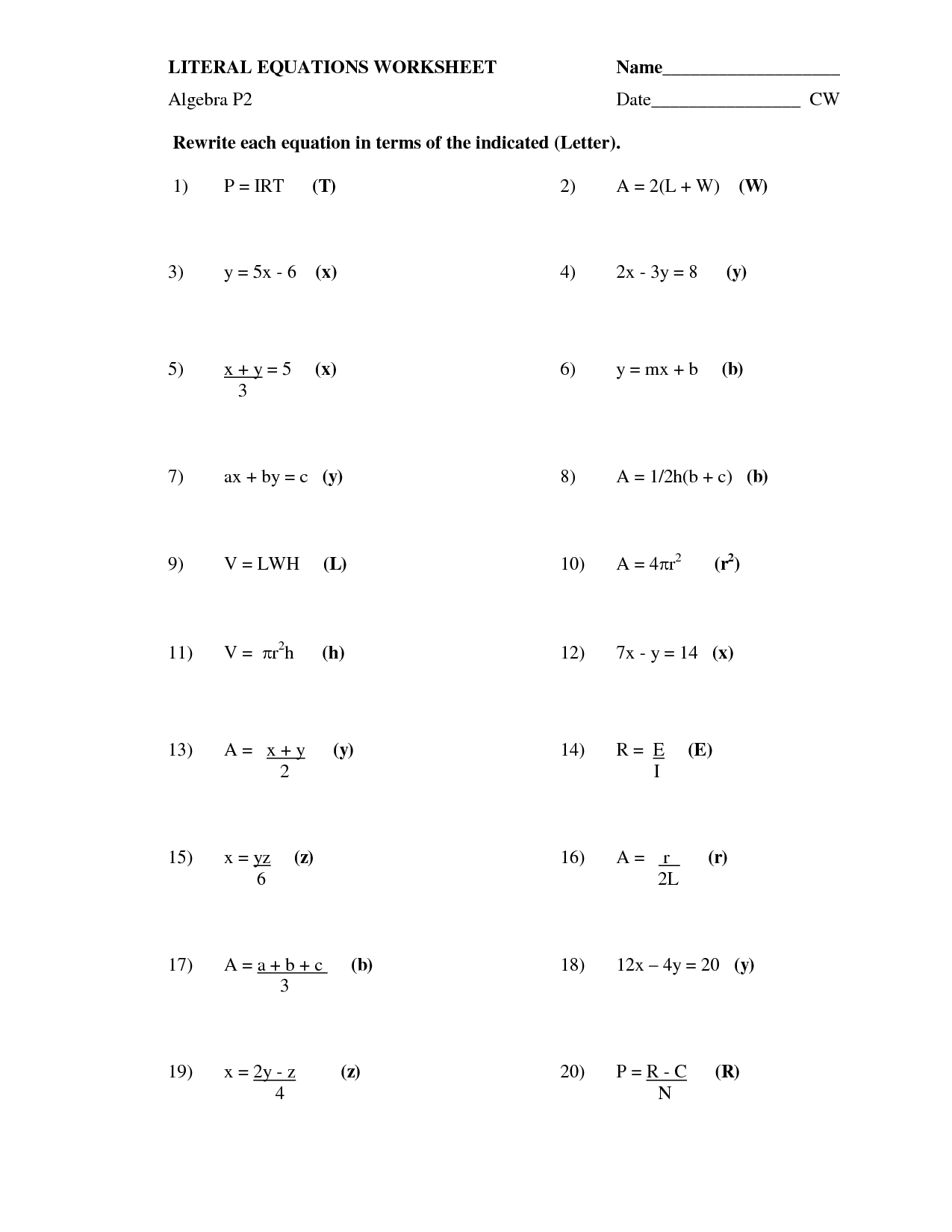 Algebra 1 Linear Equations Worksheet Equations Worksheets
