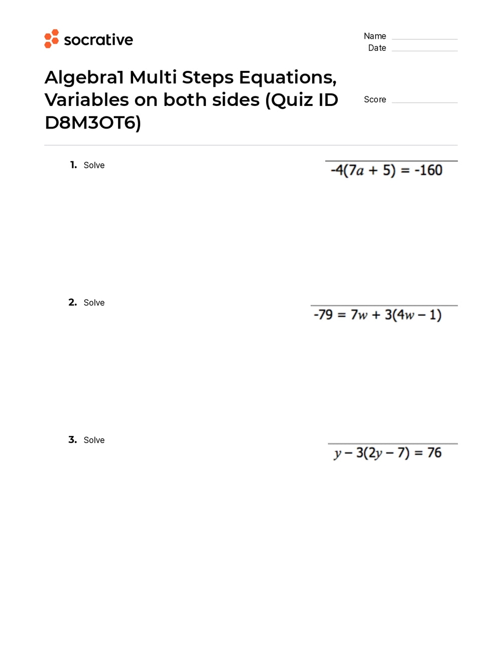 Algebra 1 Multi Steps Equations Variables On Both Sides Quiz Shop 