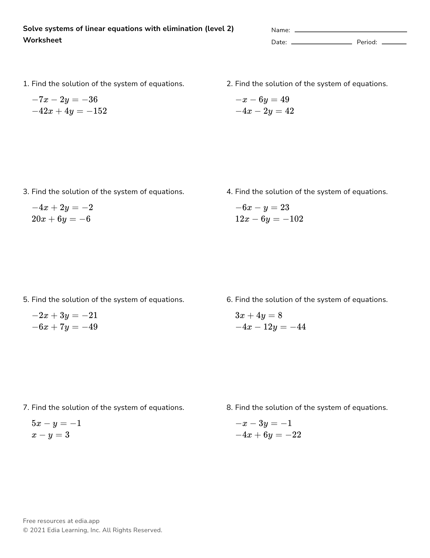Algebra 1 Worksheet Solving Systems Of Equations Using Substitution 