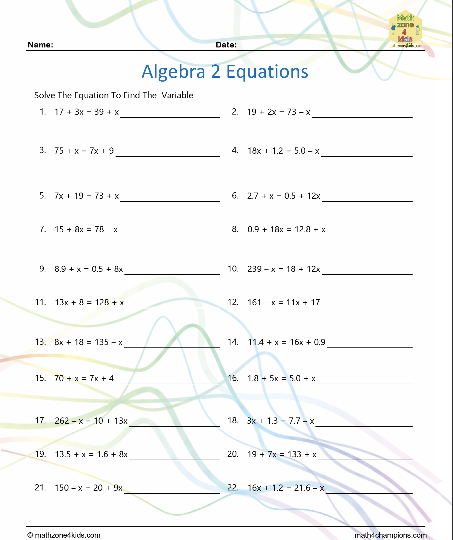 Algebra 2 Equations Worksheets MATH ZONE FOR KIDS