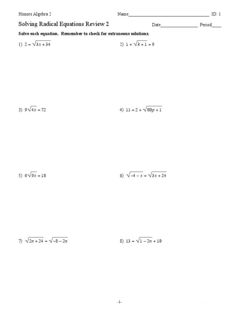 solving radical equations worksheet algebra 2