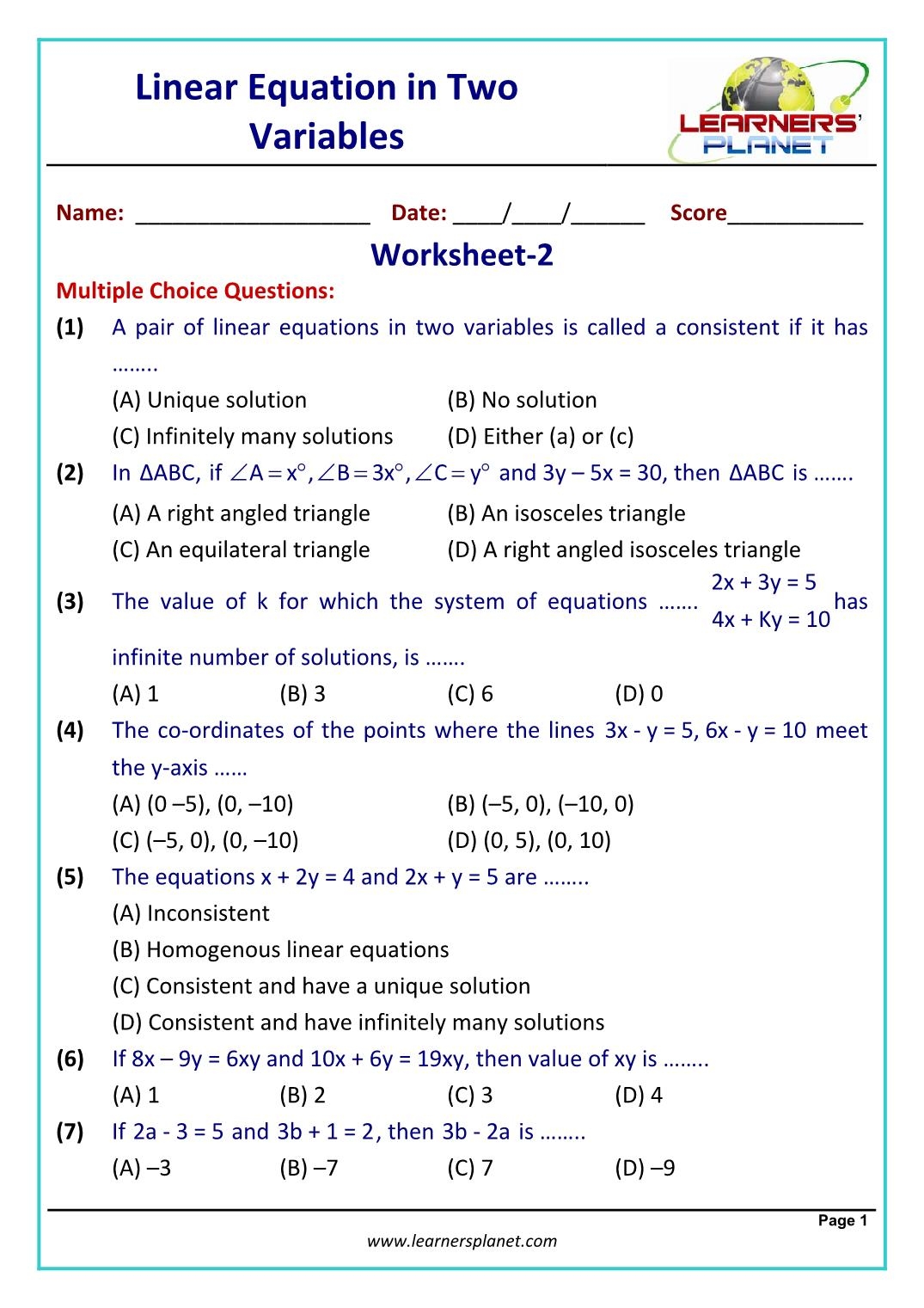 Algebra 2 Sided Equations Worksheets K5 Learning Worksheets Library