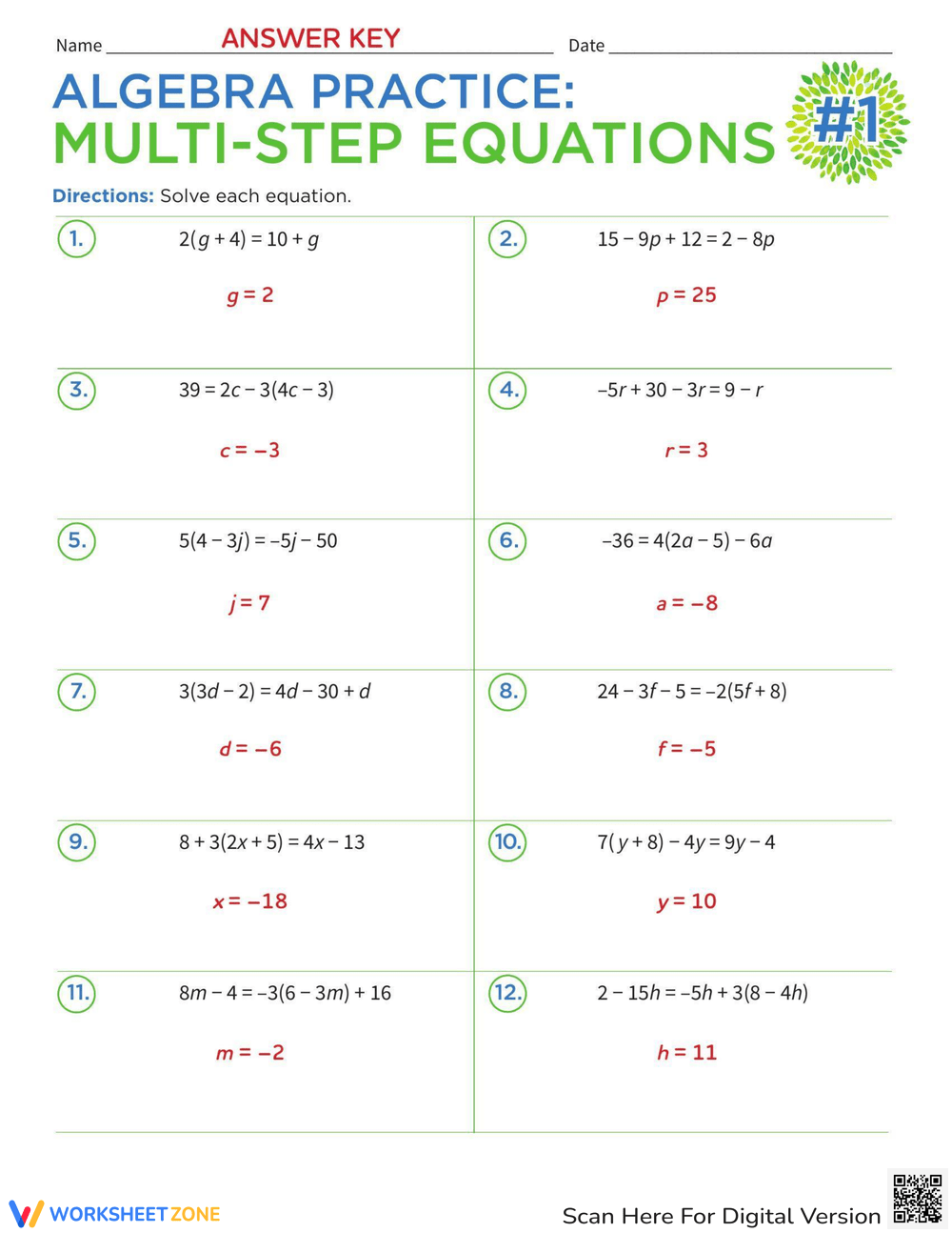 algebra 1 multi step equations worksheet